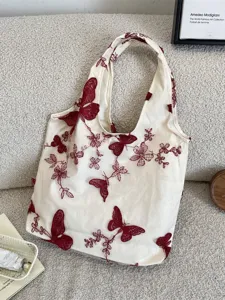Sac cabas en toile beige avec broderie papillon en dentelle rouge, grand sac bandoulière.