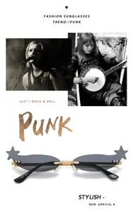 Close-up detail of trendy punk star-shaped rimless sunglasses with cool dark metal frame.