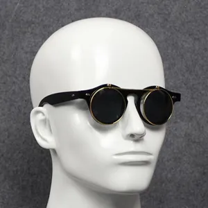 Steampunk runde Sonnenbrille mit Doppel-Flip-Design und Metallrahmen, vintage Retro-Look.