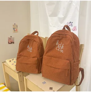 Japanese ins style plaid student backpack large capacity school bag orange casual