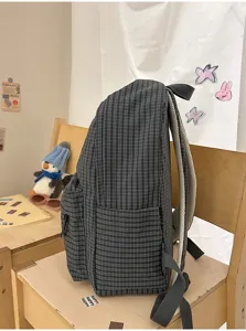 Classic grey plaid student backpack, large capacity casual daypack for school girls and teens.