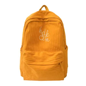 Yellow plaid student backpack with white embroidery, large capacity school bag for girls.