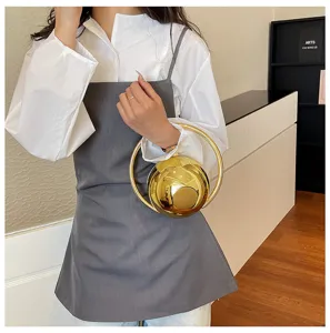 Metalen gouden bolvormige avondtas met rond handvat, elegante handtas voor dagelijks gebruik.
