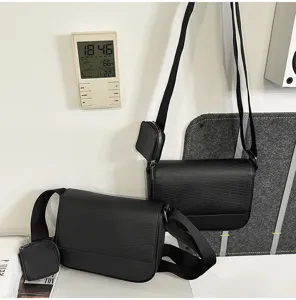 Borsa a tracolla nera in PU con taschino, borsa casual unisex da giorno streetwear.