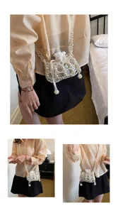 Elegant pearl beaded bucket bag for women, stylish hollow shoulder crossbody bag for daily commute.