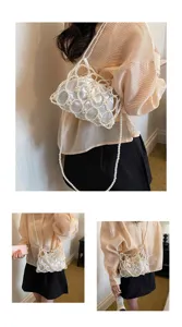 Pearl beaded woven shoulder bag with satin inner pouch, elegant women crossbody handbag detail view.