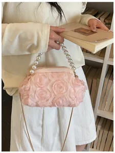 Elegant pink floral evening bag with pearl handle and chain strap for women chic stylish dress purse