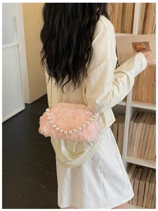 Sweet pink floral shoulder bag with pearl handle, elegant evening crossbody bag for women.