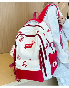 Elegante zaino da campus ricamato rosso e bianco con grande capacità per studenti.