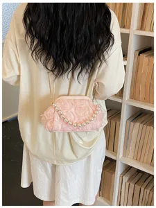 Pink floral kiss-lock evening bag detail, sweet style pearl handle shoulder crossbody bag