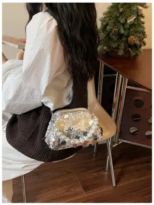 Exquisite sequin pearl kiss-lock shoulder bag for women, elegant evening clutch purse sparkling.