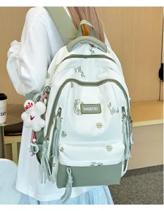 Zaino scolastico in tela ricamata stile college di grande capacità per studenti, borsa leggera.