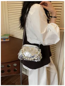 Sequined kiss-lock evening bag with pearl handle elegant women's crossbody shoulder bag