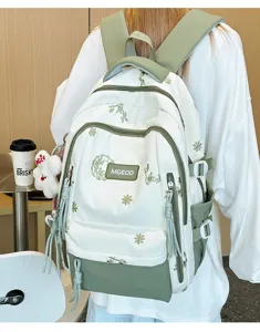 Zaino da studente in stile campus con ricamo floreale, grande borsa ideale per ogni giorno.