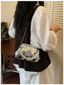Sequins Pearl Kiss-lock Evening Bag Women Stylish Elegant Shoulder Crossbody Bag