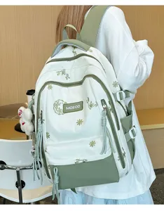 Zaino tela grande capacita stile preppy con ricamo floreale per studenti e uso scolastico.