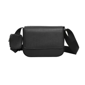 Borsa a tracolla in pelle PU nera con tracolla larga e borsello, stile casual e moderno.