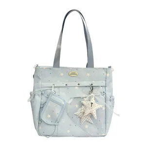 Bonita bolsa ita azul claro con ventana de corazón, gran bolso de hombro para estudiantes.