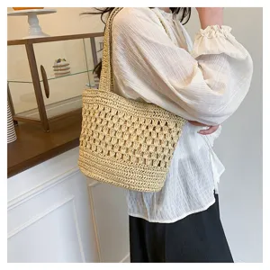 Sac cabas en paille tressée ajourée pour femme, sac d'épaule élégant pour vacances plage.