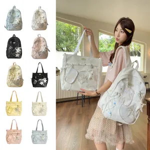 Bonito conjunto de mochila y bolso de lona estilo japonés con colgantes de estrella.