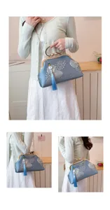 Borsa da sera vintage in stile cinese ricamata con chiusura a bacio e nappa elegante.