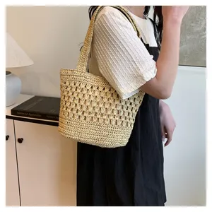 Sac cabas en paille tissée fait main, élégant sac d'épaule de plage d'été pour femmes.