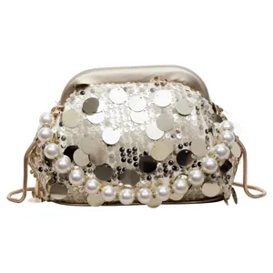 Elegant sequin evening bag with faux pearl handle and gold frame shoulder strap for women.