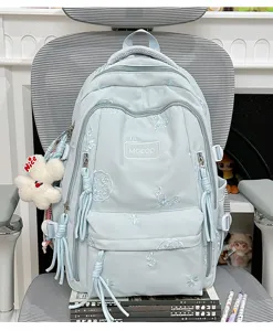 Zaino per studenti ricamato in stile college blu chiaro grande capacità borsa da scuola casual