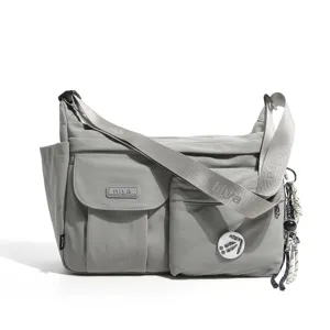 Grey nylon messenger crossbody bag with multi pockets, casual shoulder bag for students.
