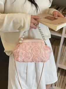 Women Elegant Evening Bag With Sequin Flower Artificial Pearl Handle Metal Frame Clutch Sweet Party Crossbody Shoulder Bag
