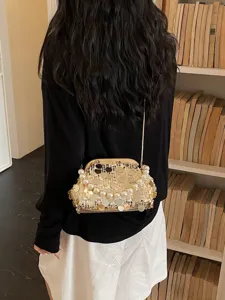 Sequin Pearl Kiss-Lock Evening Bag Women Crossbody Shoulder Bag Elegant Chic Main View