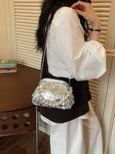 Shiny Sequin Kiss-Lock Shoulder Bag with Pearl Handle Chic Evening Crossbody Purse for Women