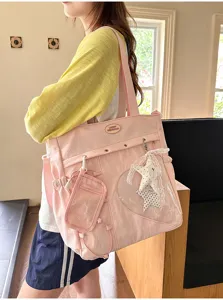 Bonito bolso tote rosa de lona estilo japones con ventana transparente y monedero.