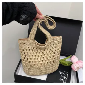 Sac cabas en paille tissée ajourée fait main, sac à épaule élégant de plage pour femmes style.