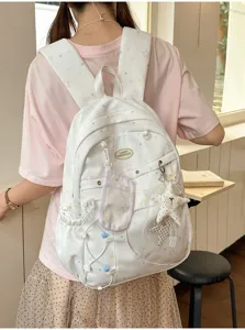 Mochila escolar casual de lona con estampado de estrellas lindas estilo japonés ins