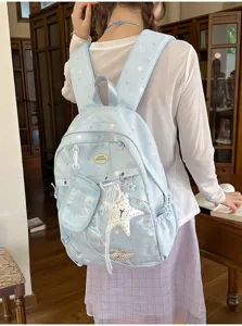 Mochila estilo japonés niña bonita gran capacidad bolso escolar azul claro con estrellas