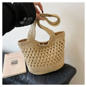 Sac cabas ajouré en paille tressée fait main, sac bandoulière de plage été style femme.