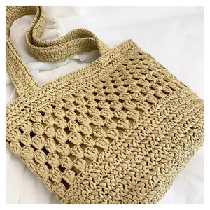 Sac cabas creux tissé en paille fait main pour femmes, sac d'épaule de plage d'été, beige.