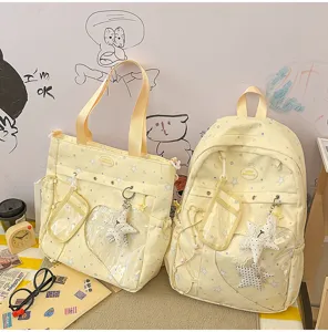 Lindo conjunto de mochila escolar de lona estilo japonés con bolso tote y estrellas