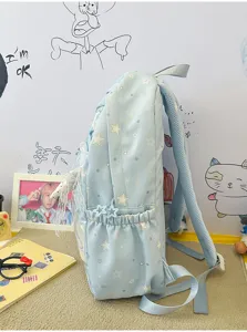 Lindo estilo japonés con patrón de estrellas mochila escolar gran capacidad azul claro casual
