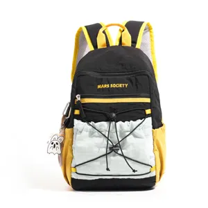 Black and yellow contrast color casual backpack with front pocket and cute ghost charm detail.