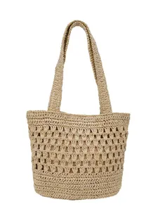 Sac cabas femme creux tissé à la main beige, sac porté épaule décontracté vacances plage.