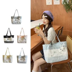 Canvas tote bag, cute forest style college shoulder bag with cute star embroidery for daily commute.