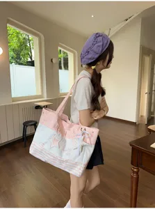 Cute sweet ins style canvas shoulder bag for women, casual pink tote bag with star embroidery.