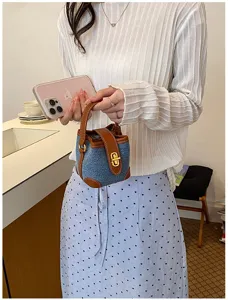 Mini τσάντα bucket από denim σε αντίθεση για γυναίκες, κομψή τσάντα ώμου και χιαστί.