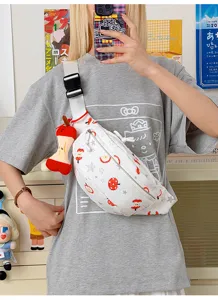 Sac de poitrine en toile à imprimé pomme, sac bandoulière décontracté avec pendentif.