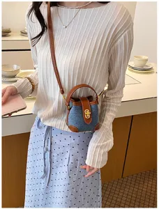 Mini τσάντα bucket από denim σε αντίθεση, κομψή τσάντα ώμου για γυναίκες.