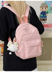 Roze mini-rugzak met sterrenprint voor dames, schattige casual schooltas met pluche hanger.