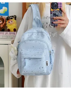 Leuke lichtblauwe mini rugzak voor dames, casual studentenschooltas met zilveren sterren.