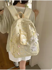 Zaino ita giallo carino per ragazze, borsa scolastica con stelle e tasca frontale trasparente